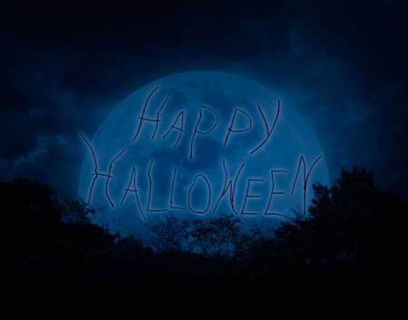 Halloween text over tree with dark sky and moon, Halloween conceptの写真素材
