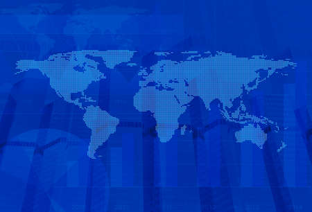 Dotted world map over city and graph background, Blue tone, Global business conceptの写真素材
