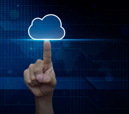 Man hand click on cloud icon with copy space over digital world map technology style, Elements of this image furnished by NASAの写真素材