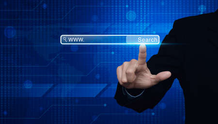 Businessman hand pressing search www button on digital world map technology style