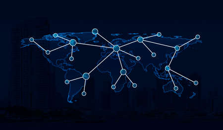 Light blue world map connection on city background, Global network conceptの写真素材