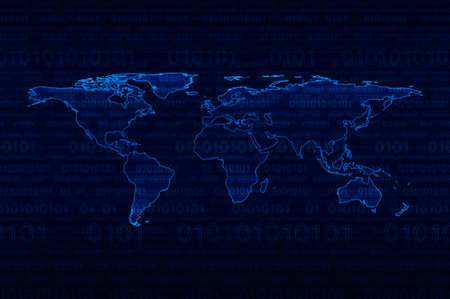 Digital world map over binary code blue backgroundの写真素材