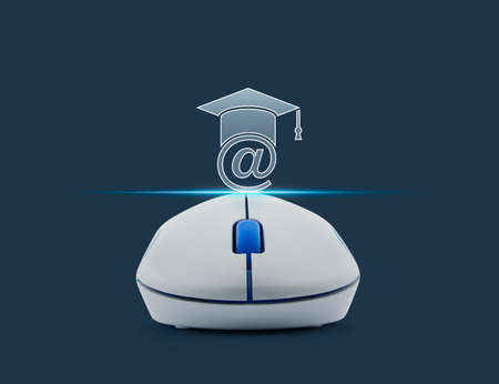 Wireless computer mouse with e-learning icon over blue background, Study online conceptの写真素材