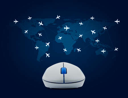 Wireless computer mouse with flight routes airplanes on world map background, Airplane transportation concept.の写真素材
