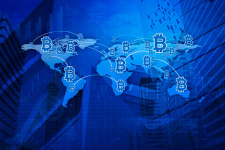 Bit coin icon with connection line over map and city background
