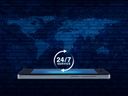 24 hours service icon on modern smart phone screen over map and computer binary code blue...