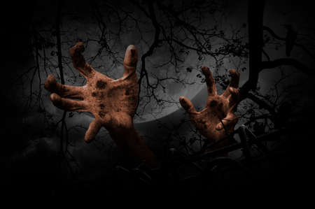Zombie hand rising out from old fence over dead tree, crow, moon and cloudy sky, Spooky background, Halloween conceptの写真素材