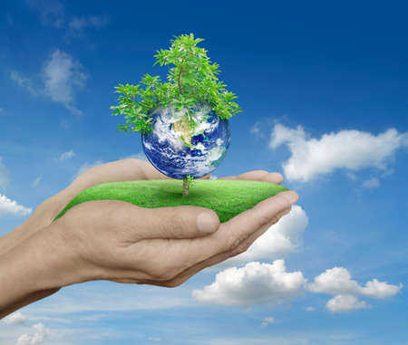 Planet and tree in human hands over blue sky with white clouds, Save the earth concept, Elements of...