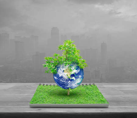 Earth with tree from an open book on wooden table over pollution city tower, Ecology concept,...
