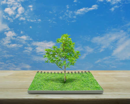 Tree growing from an open book on wooden table over blue sky with white clouds, Ecological conceptの写真素材