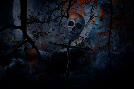Human skull on wood cross over dead tree, moon and cloudy sky blend with orange grunge stone texture, Halloween conceptの写真素材