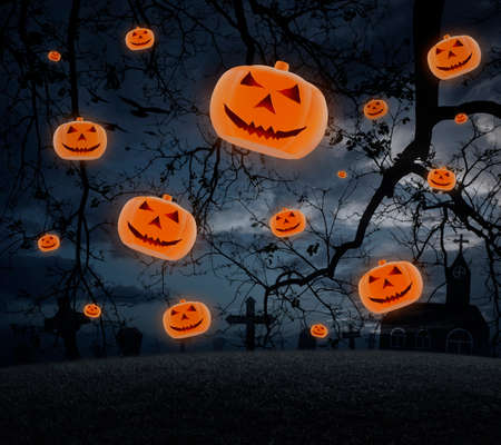 Cross with Jack O Lantern pumpkin fly over spooky cloudy sky with grass, dead tree, cross, birds and church, Halloween conceptの写真素材