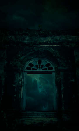 Ghost scream with spooky ancient castle window over full moon with cloudy sky, Halloween backgroundの写真素材