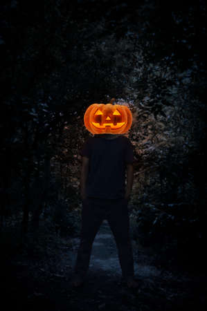 Pumpkin monster head on man body standing over spooky forest at night time, Horror background, Halloween conceptの写真素材