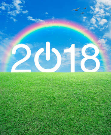 2018 start up business icon with green grass field over rainbow birds and blue sky, Happy new year conceptの写真素材