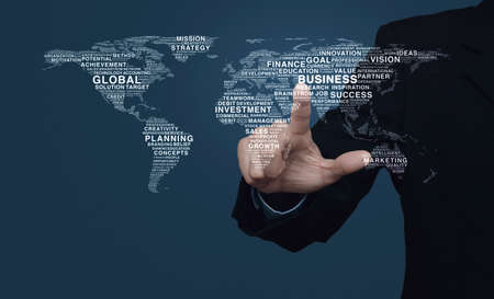 Businessman pressing global business words world map over gradient light blue background, Elements...