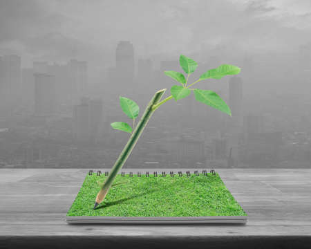 Wooden pencil with trunk tree and leaves on an open book on wooden table over pollution city tower,...