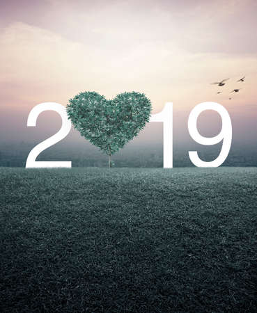 Tree in the shape of heart love with 2019 text on green grass field over aerial view of cityscape at sunset with birds, vintage style, Happy valentines day 2019 cover conceptの写真素材