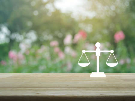 Law flat icon over blur pink flower and tree in garden, Business legal service concept