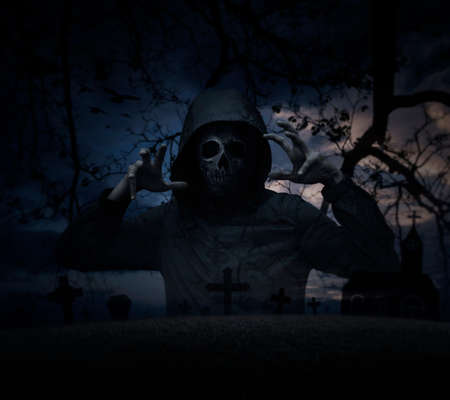 Human skull in jacket standing over grass, dead tree, cross, birds with church over spooky cloudy sky, Halloween mystery conceptの写真素材