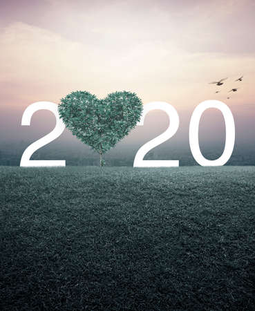 Tree in the shape of heart love with 2020 text on green grass field over aerial view of cityscape at sunset with birds, vintage style, Happy valentines day 2020 cover conceptの写真素材
