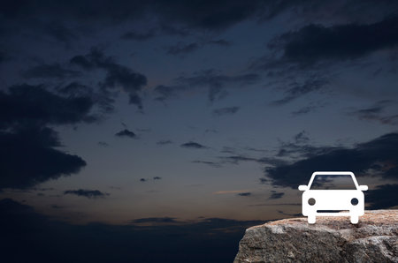Taxi car flat icon on rock mountain over sunset sky, Business transportation service conceptの写真素材