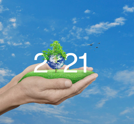 2021 white text with planet and tree on green grass field in man hands over blue sky with white clouds and birdsの写真素材