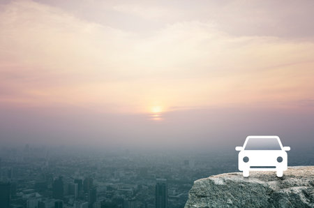 Taxi car flat icon on rock mountain over aerial view of cityscape at sunset, vintage style, Business transportation service conceptの写真素材