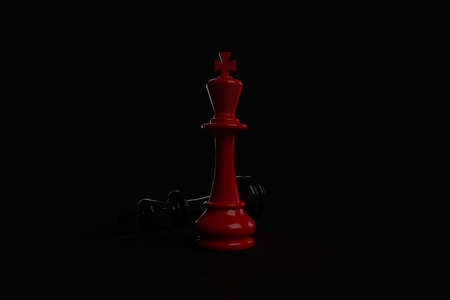 3d rendering, illustration of red chess king wins the game on black background, Chess game figurine, Business strategy and success conceptの写真素材