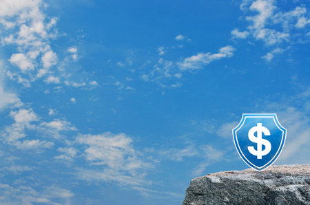 Dollar with shield flat icon on rock mountain over blue sky with white clouds, Business money...