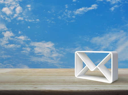 Mail 3d icon on wooden table over blue sky with white clouds, Business customer service and support online conceptの写真素材