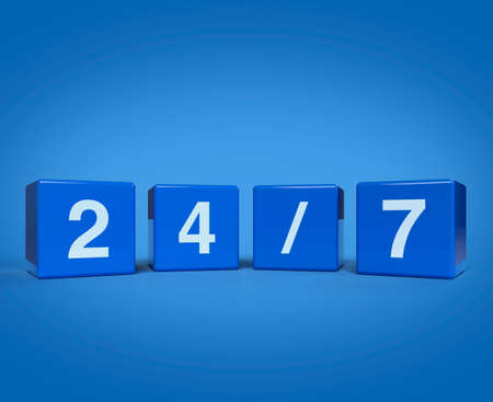 3d rendering, illustration of 247 letter on block cubes on blue blackground, Business full time...