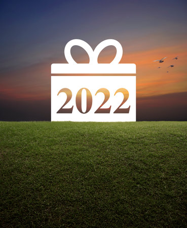 Gift box happy new year 2022 flat icon with green grass field over sunset sky, Business happy new year 2022 shopping conceptの写真素材