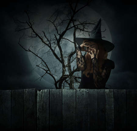 Scary halloween witch standing over dead tree, full moon and spooky cloudy sky, Halloween mystery conceptの写真素材
