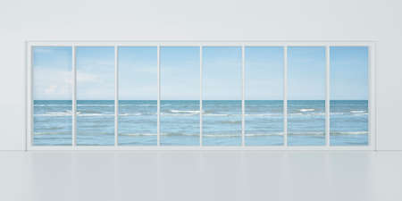 Contemporary empty white window with room over tropical sea and blue sky with white clouds, 3D Renderingの写真素材