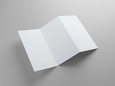 Open trifold leaflet, brochure, catalogue mockup on grey background, 3D rendering
