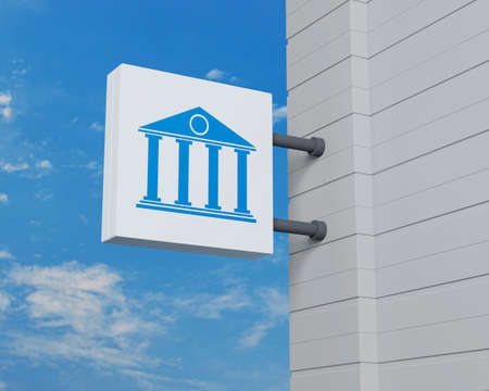 Bank icon on hanging white square signboard over blue sky, Business banking service concept, 3D renderingの写真素材