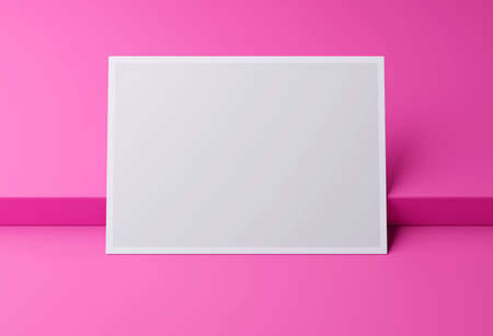 Blank white horizontal postcard mockup on pink box podium, 3D rendering
