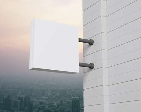Hanging white square signboard mockup over city tower and skyscraper at sunset sky, vintage style, 3D renderingの写真素材