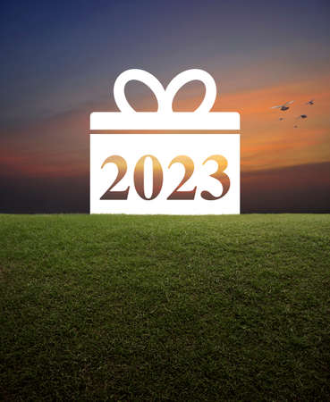 Gift box happy new year 2023 flat icon on green grass field over sunset sky, Business happy new year...