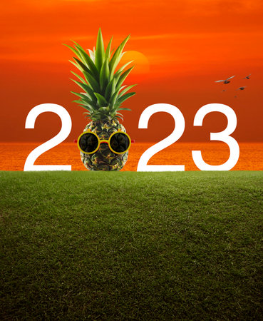 Pineapple with sunglasses and 2023 white text on green grass field over sunset sky and sea, Happy...