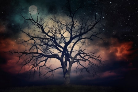 Dead tree over stars, moon and night sky, Generative AIの素材