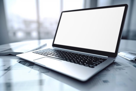 Modern laptop computer with blank white screen on white table over blur city tower and skyscraper, Business communication online concept, Generative AIの素材