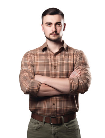 Businessman in casual shirt and jeans posing with arms crossed standing over white background, Business success concept, Generative AIの素材