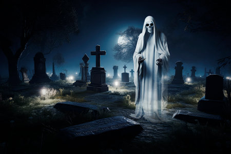 Ghost evil spirit stand in graveyard with tombstones at night, Halloween concept, Generative AIの素材
