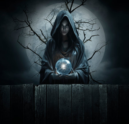 Witch cast a spell with a magical crystal ball standing over dead tree, full moon and cloudy spooky sky, Halloween mystery concept, Generative AIの素材