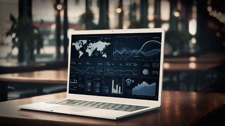 Laptop computer with digital world map with data charts and stats screen on wood table over blur of coffee shop, Futuristic user interface technology online concept, Generative AIの素材