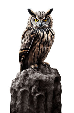 Scops owl bird stands on a stone facing forward looking at the camera isolated on white background, Generative AIの素材