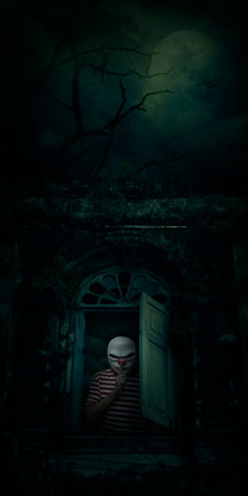 Scary evil clown showing silence sign with finger over lips standing in ancient castle windowover full moon with spooky cloudy sky, Halloween mystery conceptの写真素材