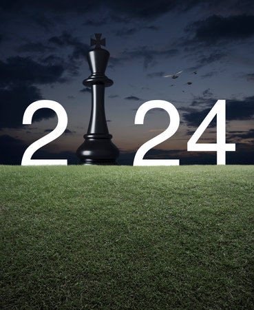 2024 white text with black chess king on green grass field over sunset sky with birds, Happy new year 2024 strategy and success conceptの写真素材